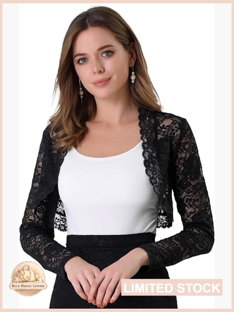 Crop Cardigan Floral Lace Sheer Bolero Shrug Open Front Long Sleeve Lightweight
